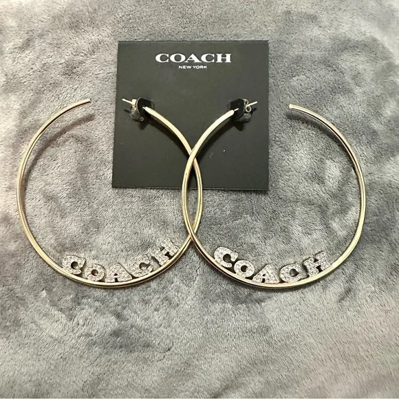 NWT COACH Gold Pave Large Logo Hoop Earrings - Picture 2 of 7